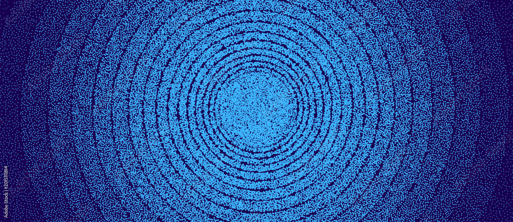 Fototapeta premium Cyan stipple dot spiral with alternating dense and sparse dot tracks expanding from a bright center into dark blue background, futuristic full-frame generative vector texture.