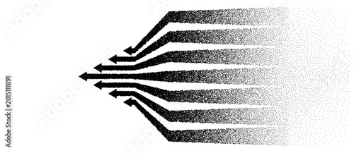 Cuadro en lienzo Seven stipple halftone dissolving arrows fanning from the right and converging to a single left-pointing focal point on white background, monochrome vector convergence concept art