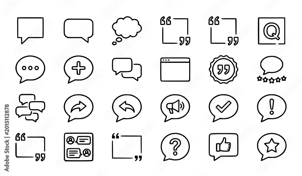 Fototapeta premium Speech bubble and quotation mark frame line icon collection for chat communication and web interface vector design