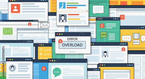 A chaotic scene of numerous computer screens displaying various error messages and notifications in a cluttered technological environment.