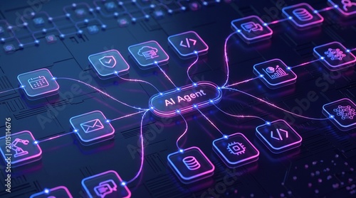 AI workflow automation artificial intelligence agent software interface nodes triggers data tool dashboard coding icon flow process database technology 3d rendering.
