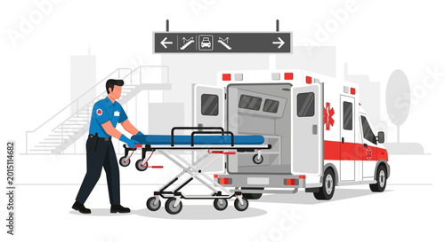 Paramedic with Stretcher at Ambulance, Airport Transportation and Medical Emergency