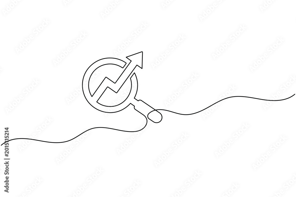 Obraz premium Search Icon with Growth Arrow Continuous One Line Drawing Minimal Magnifying Glass Graph Outline Vector Illustration
