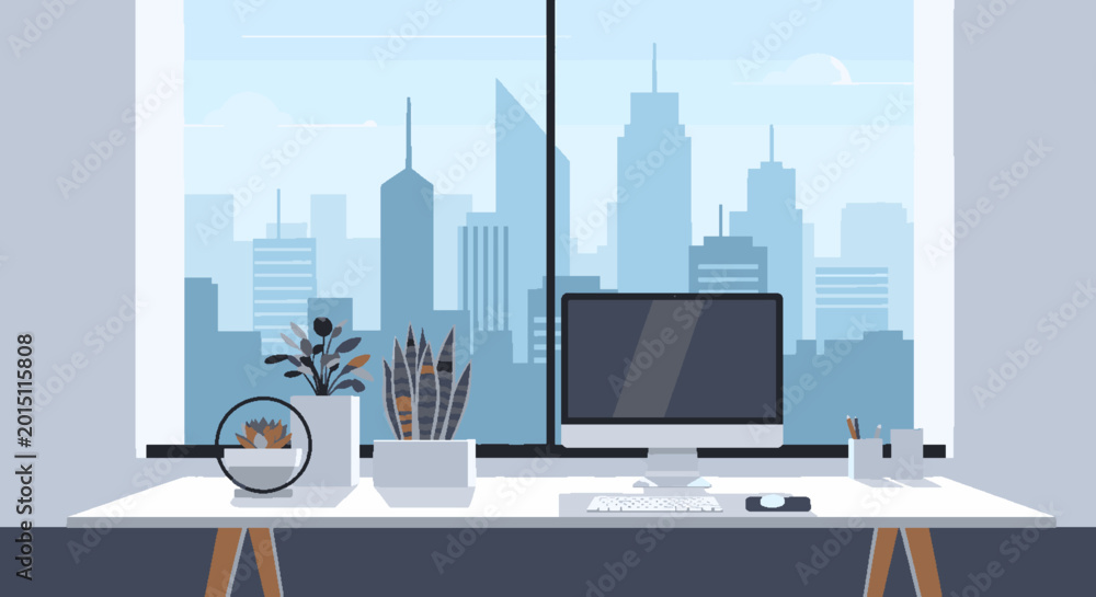 Naklejka premium Modern office desk with computer and plants overlooking a city skyline through a large window