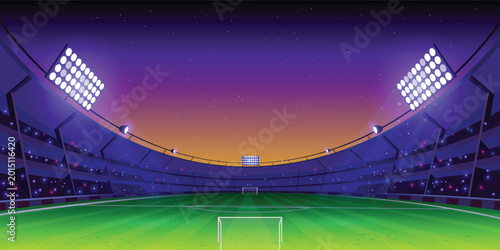 Foto Vibrant soccer stadium at night, bathed in the glow of powerful stadium lights, against a stunning purple and orange gradient sky with twinkling stars, creating an electrifying sports atmosphere