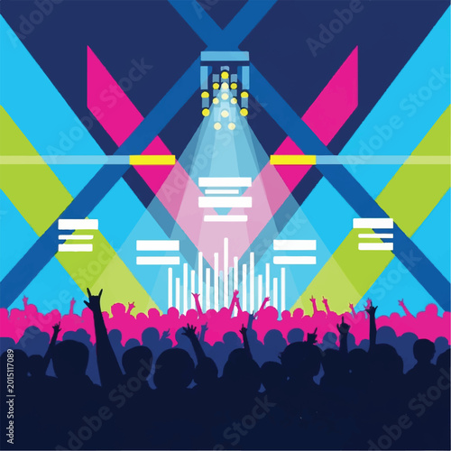 Concert goers enjoy live music performance with vibrant stage lights and crowd enthusiasm at a festival.