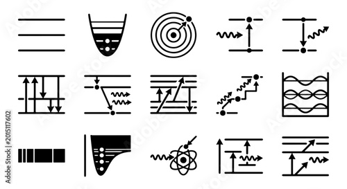 Obraz na płótnie Quantum physics icons set, 15 scientific vector symbols for atomic energy levels