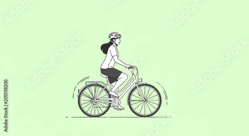 Black and white line art illustration of a young woman happily riding a bicycle with a helmet, enjoying an active and healthy lifestyle on a light green background.