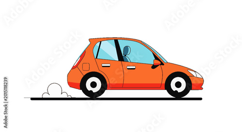 Vibrant orange cartoon hatchback car speeding on a clean white background, a dynamic side view illustration of a compact vehicle in motion.