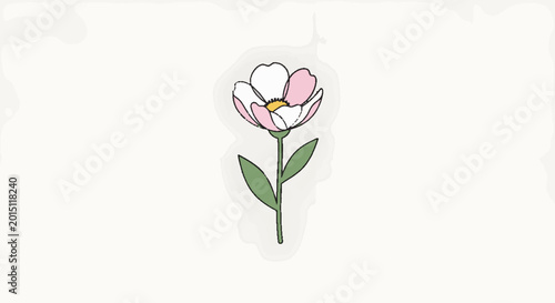 Cute hand-drawn pink and white flower illustration with green stem and leaves, isolated on white. Perfect for spring, nature, and minimalist design projects.