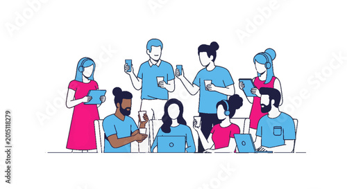 Modern diverse team collaborating with digital devices, showcasing technology integration, communication, and teamwork in a flat design illustration.