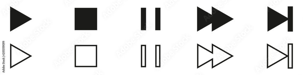 Fototapeta premium Black and white modern media player control icons including play stop pause fast forward and skip symbols