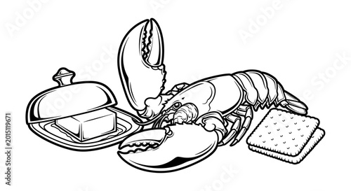 Schilderij op canvas Lobster with butter and crackers black and white line art illustration
