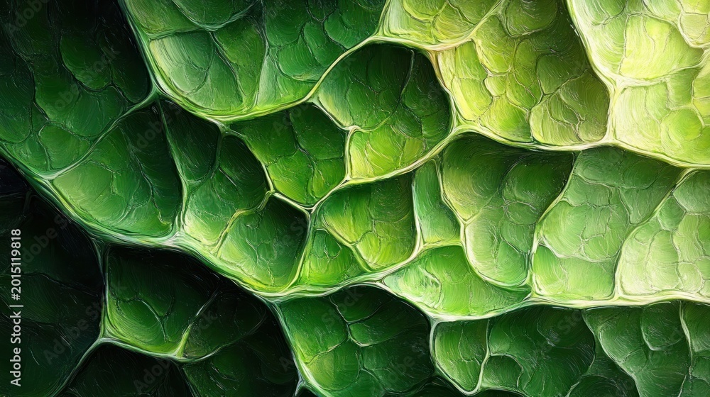 Fototapeta premium Close-up of layered green leaf cells with pronounced veins and textured surfaces, a vibrant serene organic pattern
