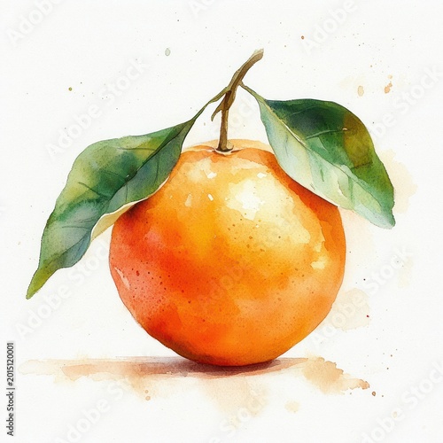 watercolor painting of a ripe orange with two green leaves on a stem, bright fresh and cheerful