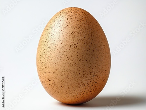 single speckled brown egg on white surface with soft shadow, minimal still life conveying calm simplicity and natural texture