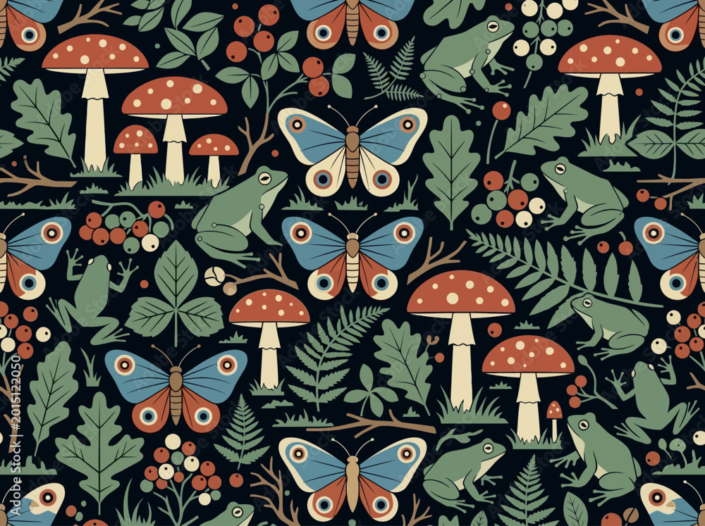 Obraz premium Vintage Folklore Forest Seamless Pattern with Mushrooms, Frogs, and Butterflies on Dark Background