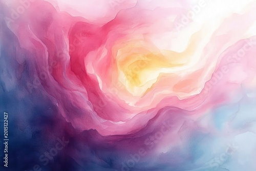 dreamy pastel watercolor swirl with warm glowing center, soft pink purple and blue layers evoking calm and ethereal light