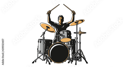 Tableau sur toile Drummer playing drum set with drumsticks raised, isolated on white background