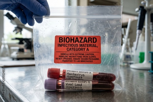 Konstfotografi biohazard bag with infectious material label and blood sample tubes