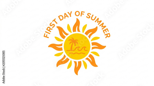 Schilderij op canvas Vibrant orange sun icon with palm tree design and first day of summer text on wh