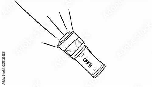 A minimalist black line drawing of a flashlight standing upright on a flat surface, angled head emitting stylized rays of light, simple cord trailing left, clean white background, concept of illuminat