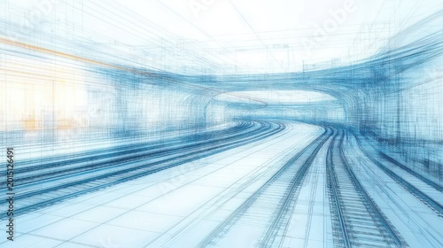 Futuristic airy blueprint of curving railway tracks beneath an elevated bridge, abstract wireframe lines and glowing light suggesting motion and optimism
