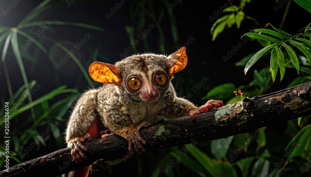 Fototapeta premium Nocturnal Aye Aye lemur with large glowing eyes and skeletal fingers perched on a mossy branch in a dark jungle, cinematic wildlife photography captured in a widescreen landscape orientation.