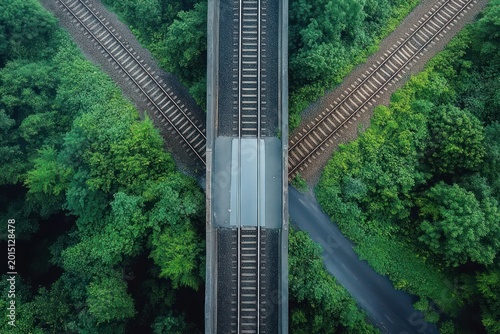 aerial view of intersecting railway tracks and road cutting through lush green forest, tranquil symmetrical scene