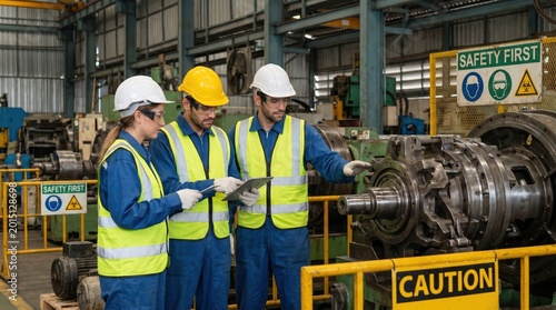 Three industrial workers in safety gear reviewing documents next to a large machine.