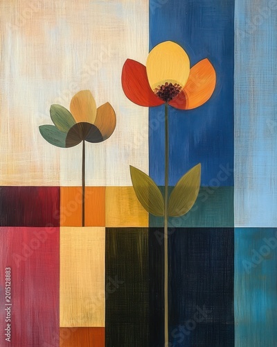 Two stylized flowers with long stems and layered leaves against a grid of textured color blocks in warm and cool tones, evoking a calm and uplifting mood