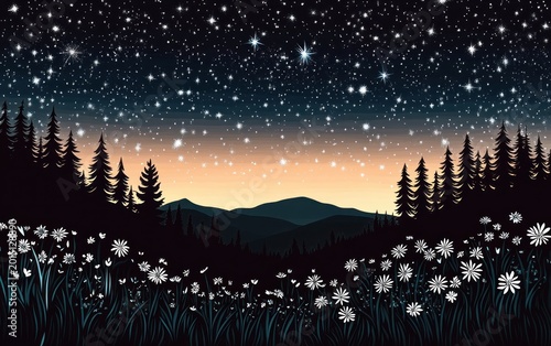 Serene starlit dusk meadow with white wildflowers, silhouetted pine forest and distant mountains under a sparkling twilight sky