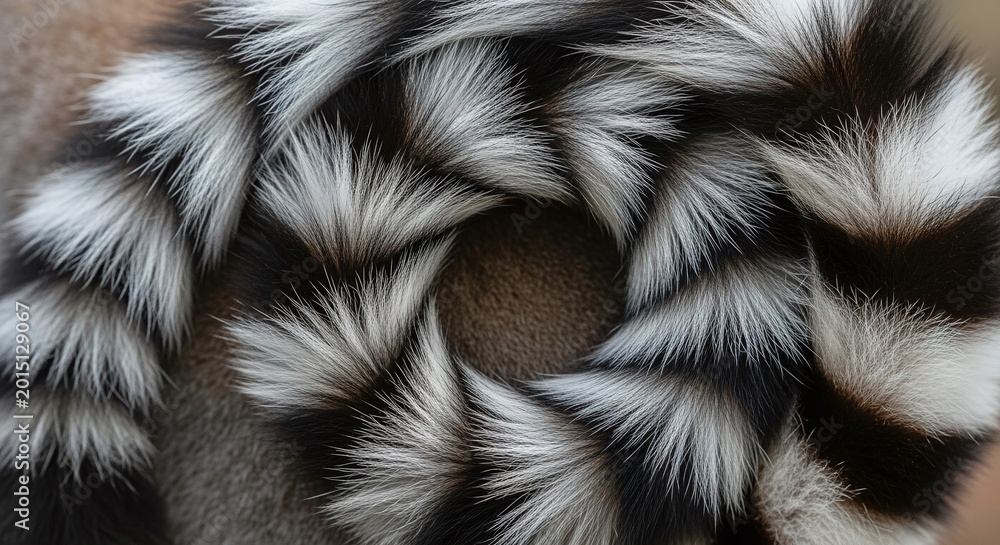 Fototapeta premium Close-up of a ring-tailed lemur's distinctive striped tail curled in a circle.