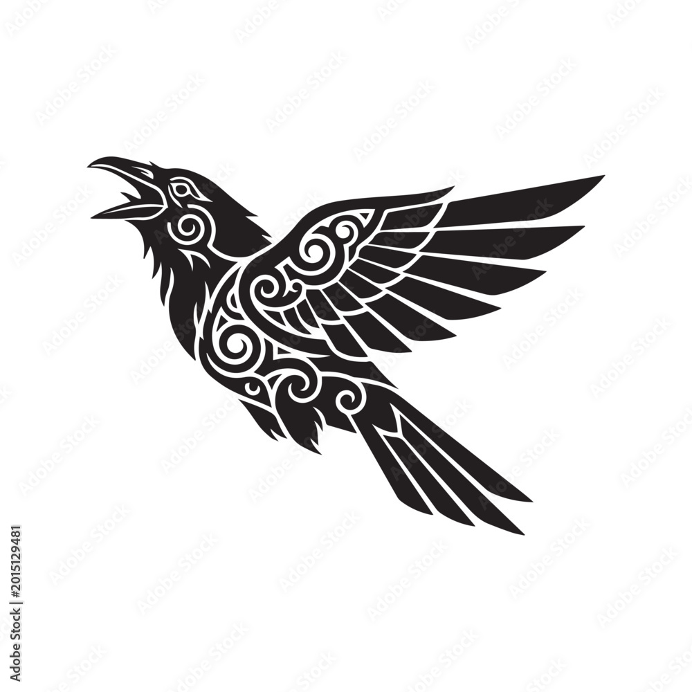 Obraz premium Tribal Raven Crow Silhouette Vector Illustration, Black and White Bird Tattoo Design 