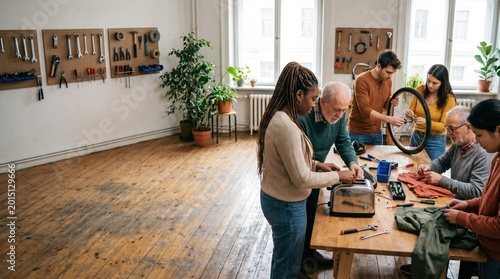 Multigenerational skill sharing workshop at a local community repair cafe event