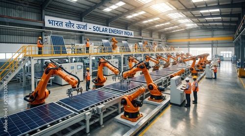 Robotic arms performing photovoltaic assembly automation in solar energy factory