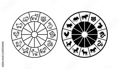 Foto Chinese Zodiac Animals, Astrology Wheel, Lunar Calendar Icons, Vector Set