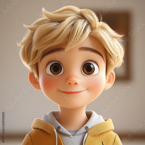young person with tousled blonde hair and blurred face wearing a yellow hoodie over a gray sweatshirt in a warm indoor setting, cozy neutral mood