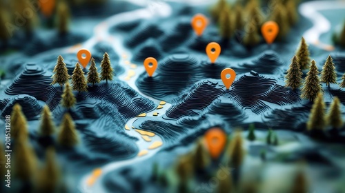 Stylized topographic landscape with layered blue hills, evergreen trees, winding river dotted with small yellow boats and orange location markers, evoking exploration and discovery