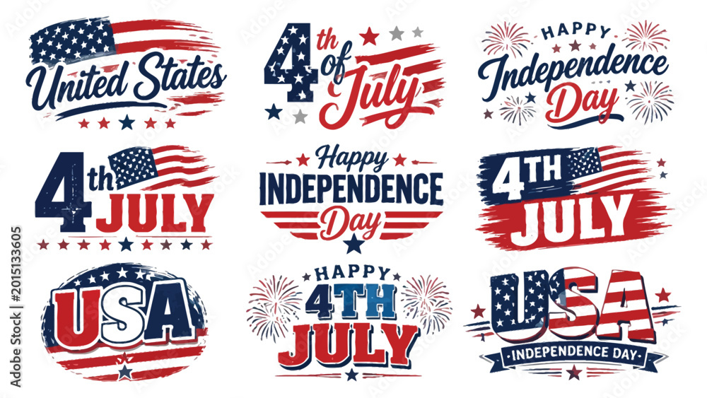 Fototapeta premium Collection of 4th of july typographic illustrations with patriotic themes and american flags