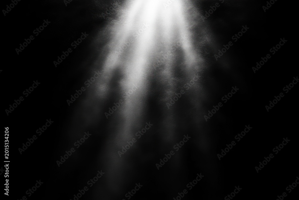 Fototapeta premium single dramatic white beam of light piercing a dark space with floating dust and mist, creating a mysterious and hopeful atmospheric mood