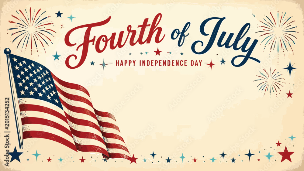 Obraz premium American flag waving with fourth of july greeting and fireworks on beige background with stars