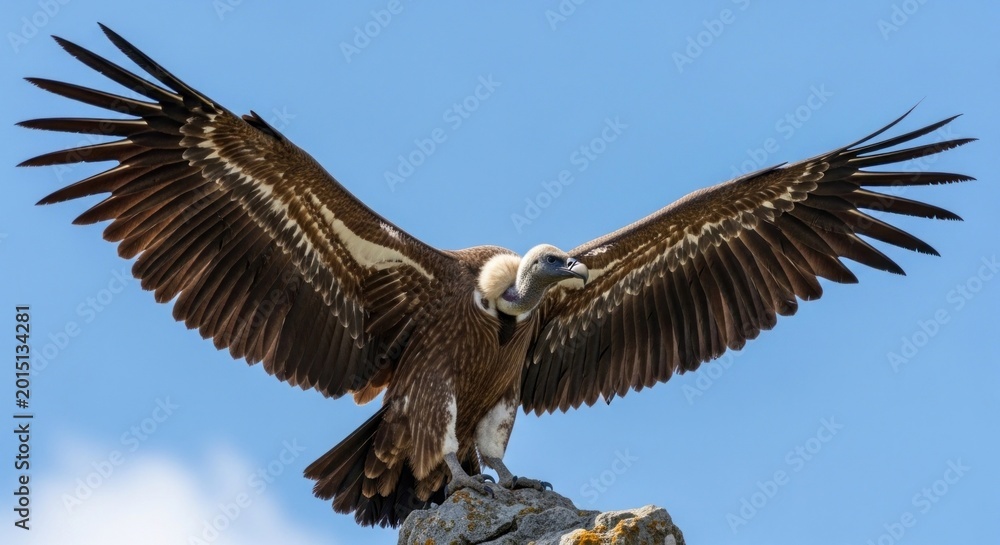 Fototapeta premium Majestic Griffon Vulture Spreading Wings Against Blue Sky.