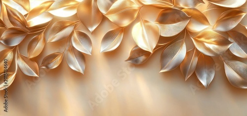 golden metallic leaves layered along the top over a soft warm gradient background with subtle light rays, elegant and luxurious mood