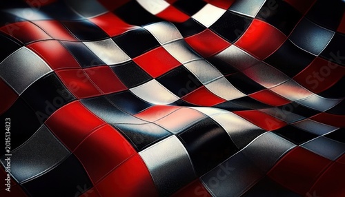 Rippling glossy red, black, and silver checkered tiles forming a dynamic futuristic wave