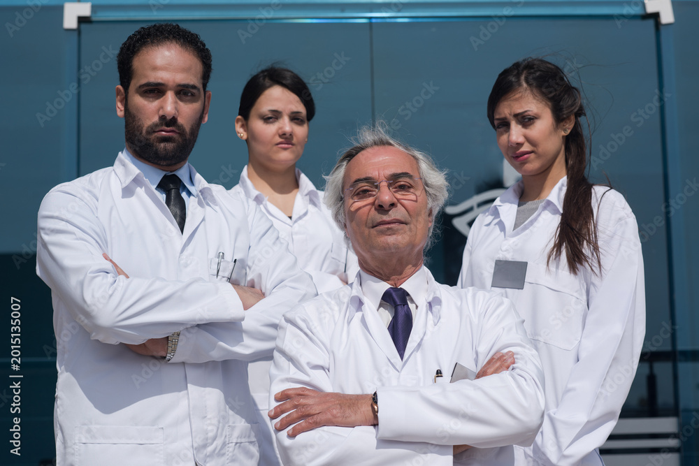 Fototapeta premium Experienced Middle Eastern ophthalmology team at an eye hospital clinic in Egypt standing confidently