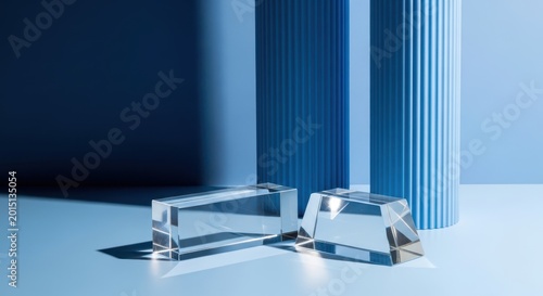 Abstract product display with glass geometric shapes and blue fluted columns