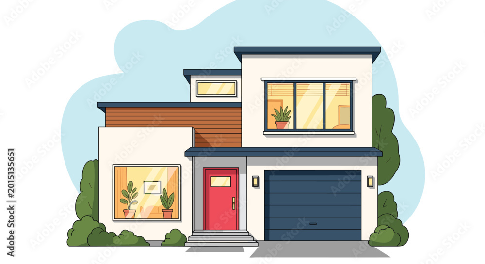 Obraz premium Modern two-story residential house illustration with a flat roof red front door dark garage and large windows surrounded by green bushes.