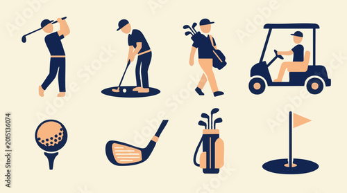 Canvastavla Flat design golf icons set with players and equipment on a light background