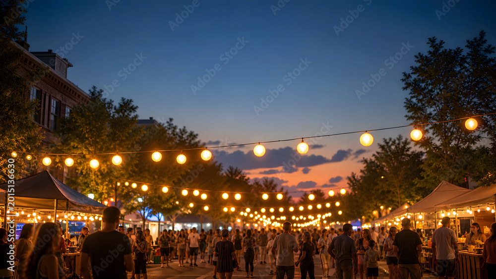 Fototapeta premium Generic summer street festival with lanterns and evening crowd